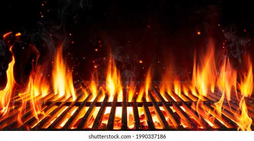 Barbecue Grill With Fire Flames - Empty Fire Grid On Black Background - Shutterstock ID 1990337186