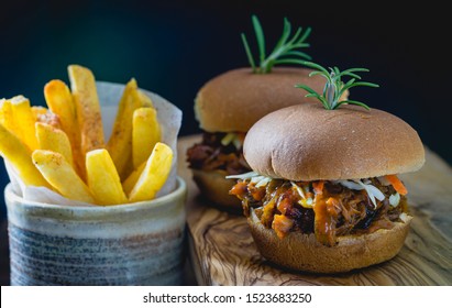 Barbecue Jack-fruit, Vegan Sliders With French Fries. 