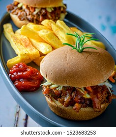 Barbecue Jack-fruit, Vegan Sliders With French Fries. 