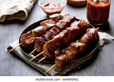 Barbecue Meat. Grilled Pork Skewers On Plate.