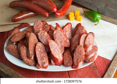 Barbecue Pork Cheddar And Jalapeño Sausages Or Bbq Catering Platter Of Meats. Traditional Texas BBQ: Beef Brisket, Beef & Pork Ribs, Sausage Links, Pepper Roasted Chicken, & Turkey Served With Sauce.