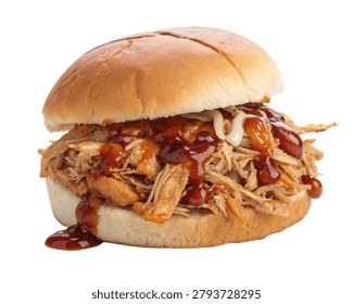 Barbecue Pulled Beef Burger with Brown Shredded Meat and Soft Bun isolated on white background