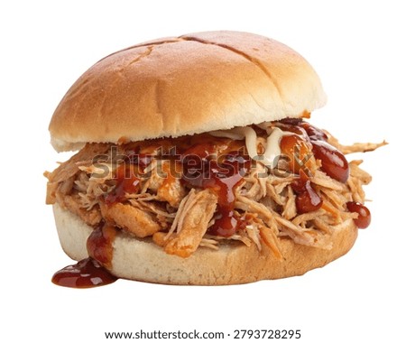 Barbecue Pulled Beef Burger with Brown Shredded Meat and Soft Bun isolated on white background