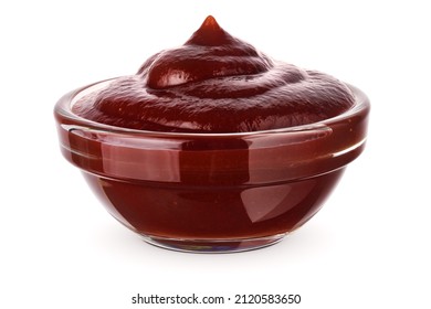 Barbecue sauce in glass transparent bowl, close-up. Isolated on white background.
