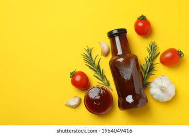 Barbecue Sauce And Ingredients On Yellow Background