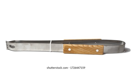 Barbecue Tongs Isolated On White. Steel, Stainless Grill Tongs With Wooden Handle.