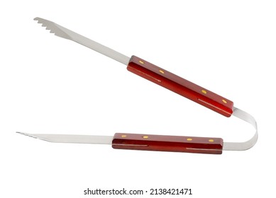 Barbecue Tongs Isolated On White. Steel, Stainless Grill Tongs With Wooden Handle. Close-up.