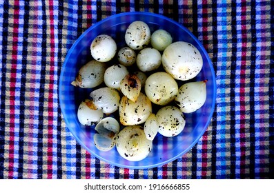 Barbecued Onions.roasted Small White Onion Seeds On The Plate On The Tablecloth                              