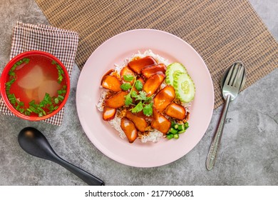 Barbecued Red Pork In Sauce With Rice, Thai Street Food, And Top Angle View. 