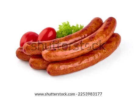 Barbecued sausages, fried sausages bbq, isolated on white background
