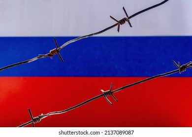 Barbed Wire Against Flag Russian Federation Stock Photo 2137089087 