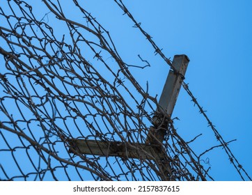Barbed Wire And Blue Sky In The Background. Metal Fence Post.