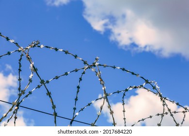 Barbed wire and blue sky as symbols of injustice and freedom - Shutterstock ID 2017684220