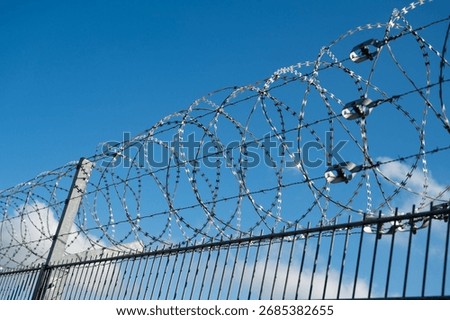 Barbed wire, border control, illegal immegration and migration, refugee camp, prison fence, coils of razor wires, protection and security concept