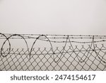 Barbed wire with chain link fence, with no people, no hands, with empty space for text, gloomy grunge vibes,