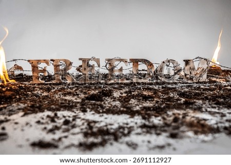 Barbed wire envelops charred and battered wooden letters spelling out the word 