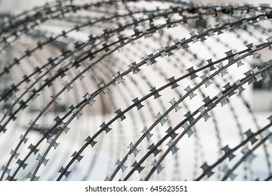 Barbed wire fence against the blue sky.