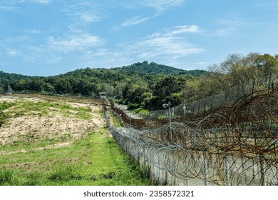 barbed wire fence in Demilitarized Zone (DMZ), joint security area (JSA), South Korea.