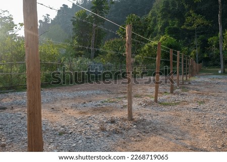 Barbed wire fence made of wooden posts and steel wire used for dividing the area.