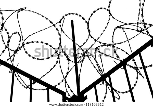 Barbed wire with\
fence on white\
background