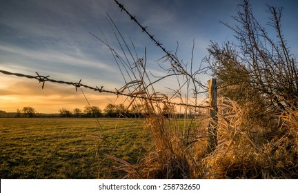 A barbed wire fence with wooden post in the countryside