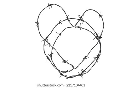 Barbed wire in the form of a heart on a white isolated background,