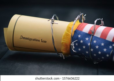 Barbed wire , Immigration Law and flag of United States Of America, immigration concept
