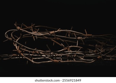 Barbed wire on black background as a symbol of repression, totalitarianism, genocide, aggression, dictatorship, russism - Powered by Shutterstock