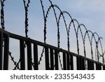Barbed wire on a fence with sky background. Image of freedom. High quality photo