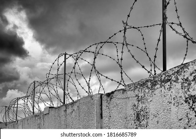 Barbed Wire On Grey Clouds Background. Black And White Close Up Picture Of Barbed Wire Fence. Jail Concept. Black And White Photo.