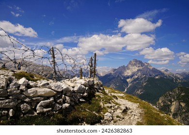 Barbed wire on top of Italian trench from World War I, Monte piana, Dolomites Alps, Italy