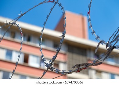 Barbed Wire Protecting The Access To Newly Built Habitations In Paraisopolis Near Sao Paulo In Brazil. Example Of Gentrification.