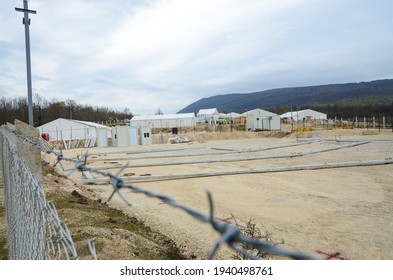 Barbed Wire In Refugee Camp. Migrants Camp In Bihac, Bosnia And Herzegovina. Refugees On Their Way To EU.