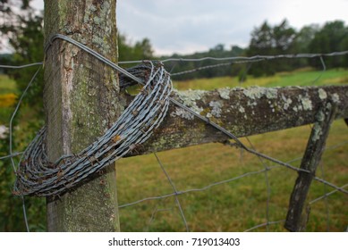 Barbed Wire Roll On A Fence Post