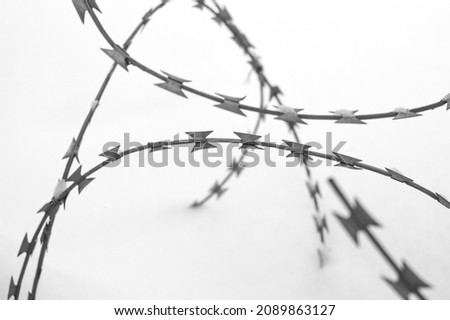 Barbed wire in the snow close-up. Abstraction, selective focus