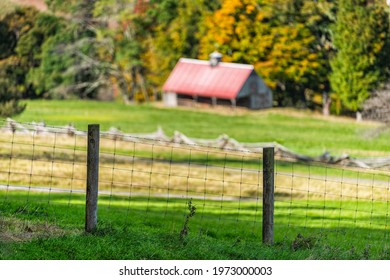 Barbed Woven Wire Farming Fence Fencing At Green Grass Farm Field In Colorful Autumn With Rolling Hills Landscape In Monterey And Blue Grass, Highland County, Virginia