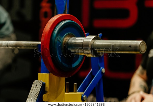 Barbell Red Blue Plates Bench Press Stock Photo Edit Now 1303941898
