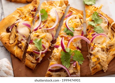 Barbeque Chicken Flatbread With BBQ Sauce, Cheese And Red Onion