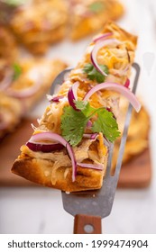 Barbeque Chicken Flatbread With BBQ Sauce, Cheese And Red Onion