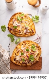 Barbeque Chicken Flatbread With BBQ Sauce, Cheese And Red Onion