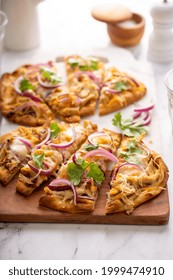 Barbeque Chicken Flatbread With BBQ Sauce, Cheese And Red Onion