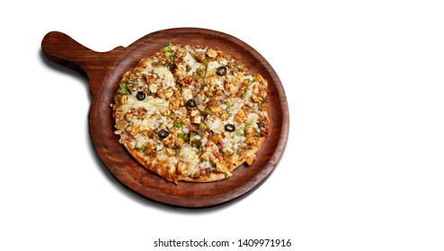 Barbeque Paneer Pizza Or Paneer Pizza Serve On Wooden Pan Or Indian Pizza Chees Pizza