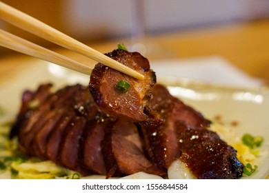 Barbeque Pork Chinese Dish Table Wine Chopsticks Hong Kong Restaurant Dining 