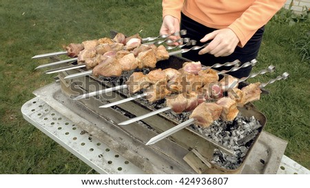 Barbeque skewers with meat cooking on hot coal ember brazier Outdoors picnic concept.