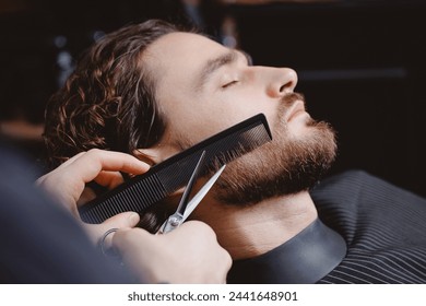 Barber banner, process shaving razor bearded hipster man in barbershop. - Powered by Shutterstock