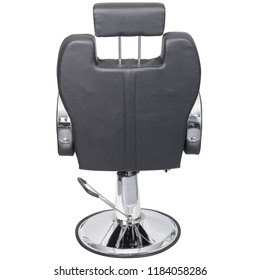 Barber Chair, Black Leather, Back View Isolated. Barber Shop Chair.