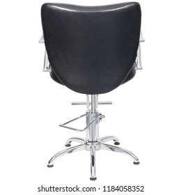 Barber Chair, Black Leather, Back View Isolated. Barber Shop Chair.