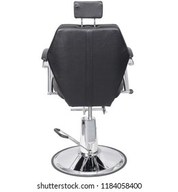 Barber Chair, Black Leather, Back View Isolated. Barber Shop Chair.