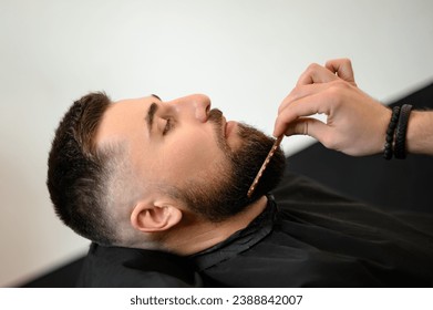 Barber combs beard with comb while cutting and shaving Caucasian man