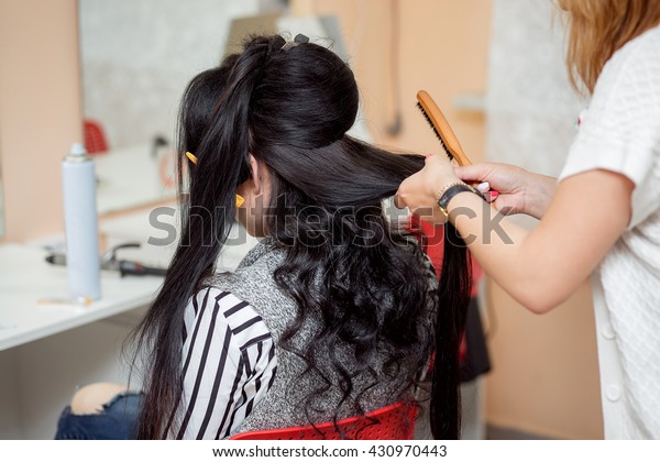 Barber Makes Evening Wedding Hairstyle Long Stock Photo